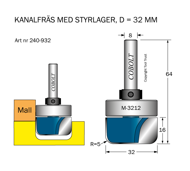 Kanalfräs m lager R=5 D=32 L=16 S=8 - 2