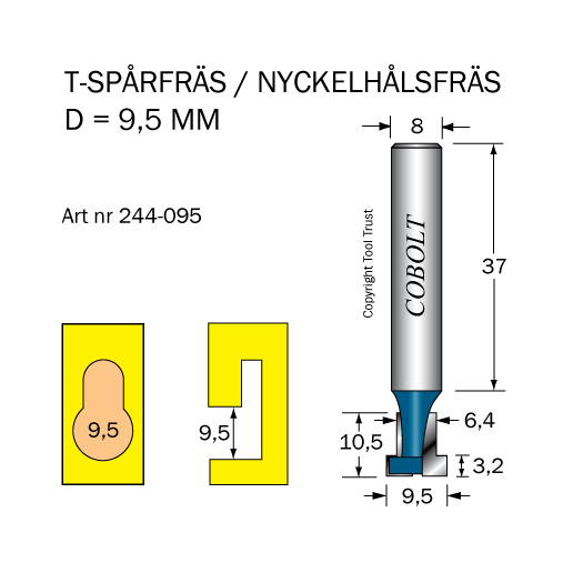 T-Spårfräs D1=9.5 D2=6.4 L=10.5 S=8 - 2