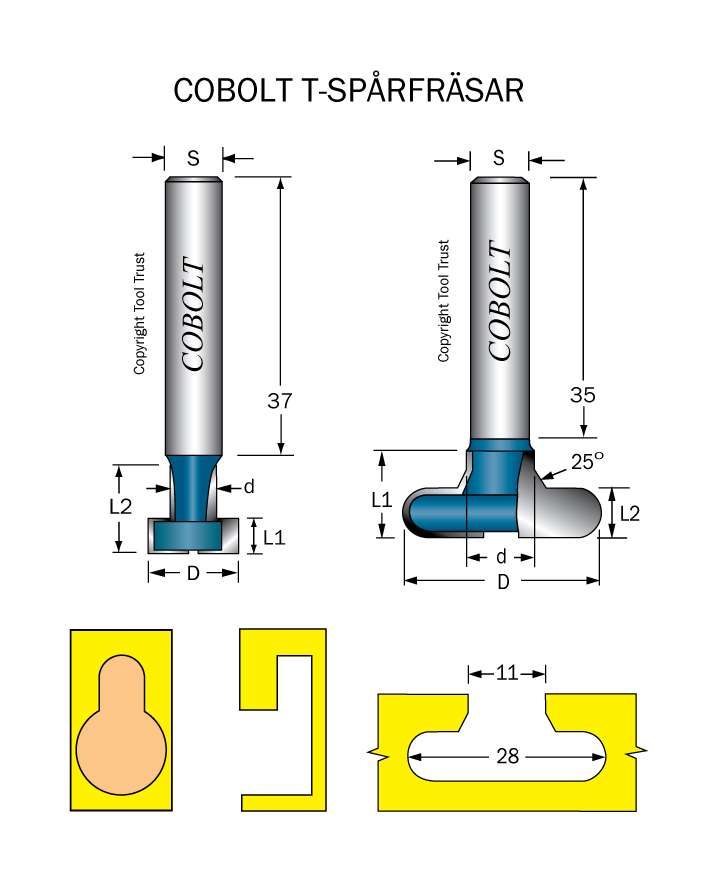 T-Spårfräs D1=12.7 D2=6.4 L=12.5 S=8