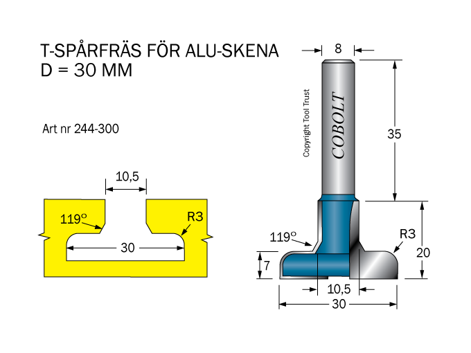 T-Spårfräs D1=30 D2=10.5 R=3 L=20 S=8 - 2