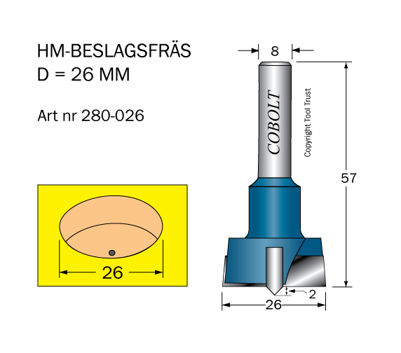 HM Beslagsfräs D=26 TL=57 S=8 - 2