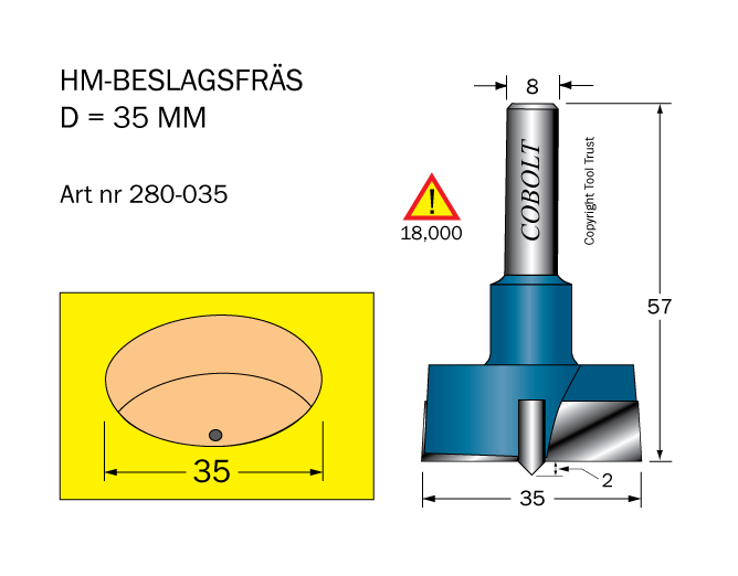 HM Beslagsfräs D=35 TL=57 S=8 - 2