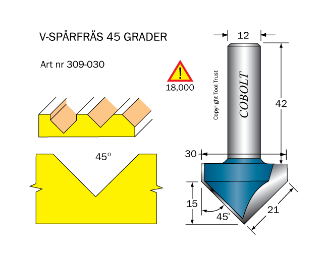 V-spårfräs 45° L=15 F=21 D=30 S=12