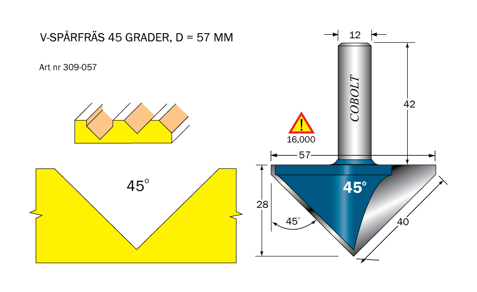 V-spårfräs 45° L=27 F=40 D=57 S=12