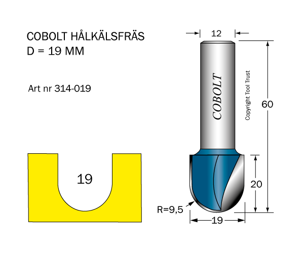 Hålkälsfräs R=9.5 D=19 L=20 TL=60 S=12 - 2