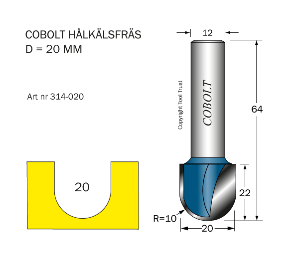 Hålkälsfräs R=10 D=20 L=22 TL=64 S=12 - 2