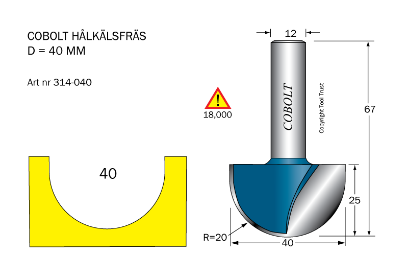 Hålkälsfräs R=20 D=40 L=25 TL=67 S=12 - 2
