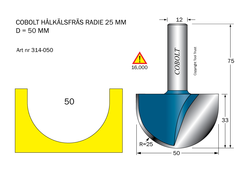 Hålkälsfräs R=25 D=50 L=33 TL=75 S=12 - 2