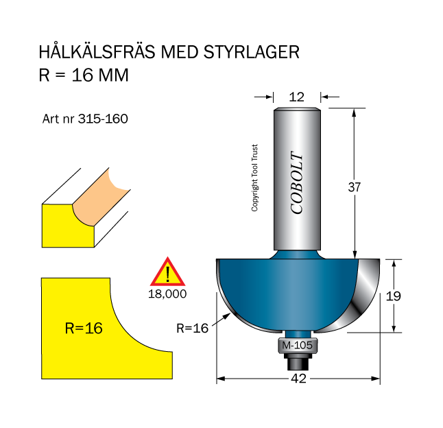 Hålkälsfräs R=16, L=19, D=42
