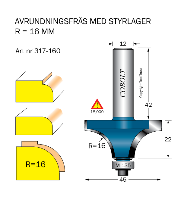 Avrundningsfräs R=16 D=45 L=22 S=12 - 2