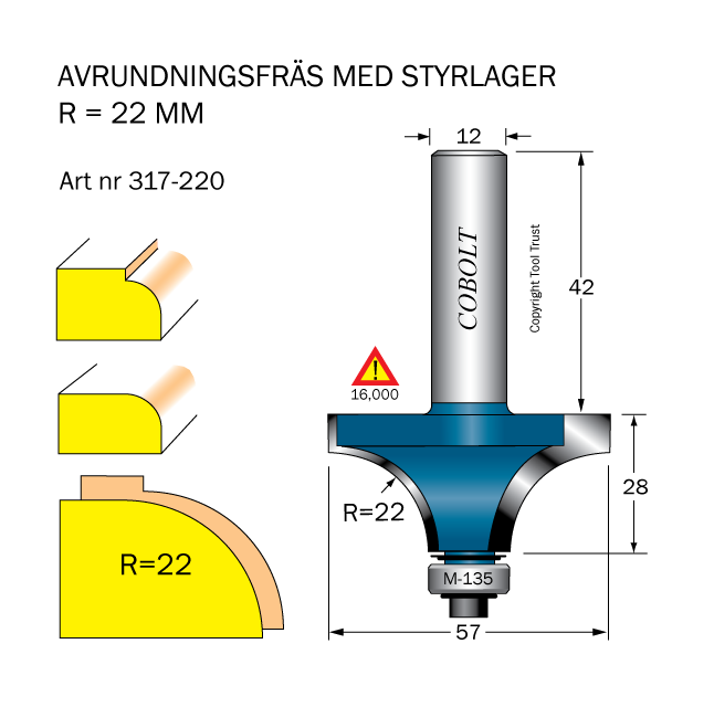 Avrundningsfräs R=22 D=57 L=28 S=12 - 2