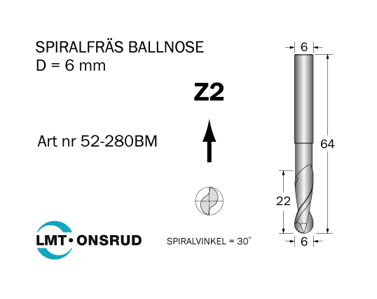Spiralfräs Ballnose D=6 L=22 TL=64 S=6 - 2