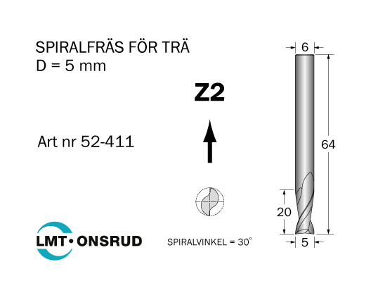 Spiralfräs D=5 L=20 TL=64 S=6 - 2