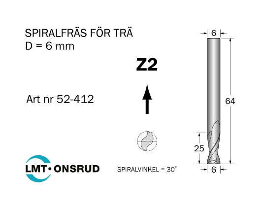 Spiralfräs D=6 L=25 TL=64 S=6 - 2