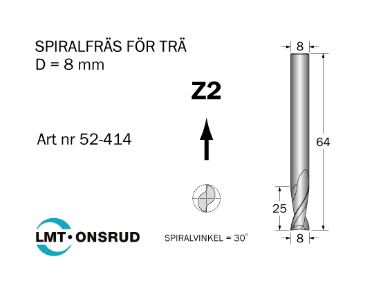 Spiralfräs D=8 L=25 TL=64 S=8 - 2