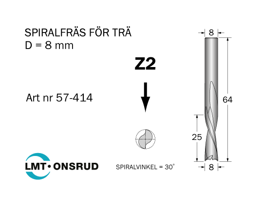 Spiralfräs D=8 L=25 TL=64 S=8 - 2