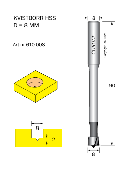 Kvistborr HSS D=8 TL=90 S=8 - 2
