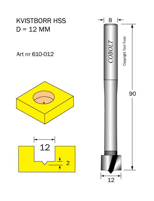 Kvistborr HSS D=12 TL=90 S=8 - 2