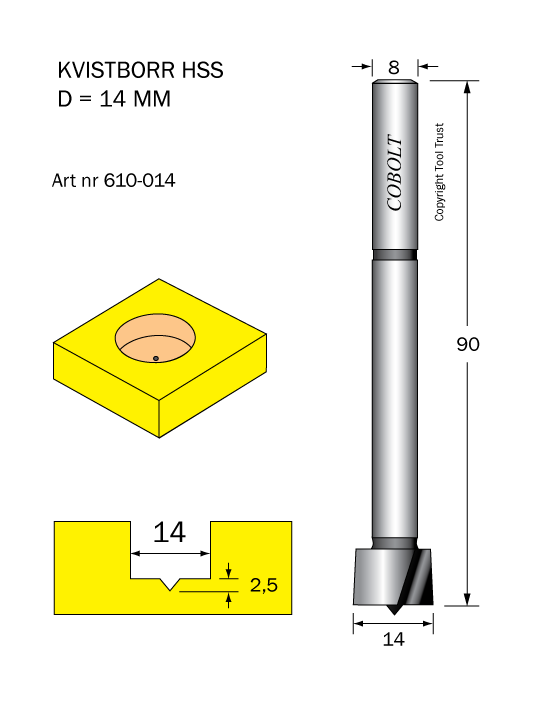 Kvistborr HSS D=14 TL=90 S=8 - 2