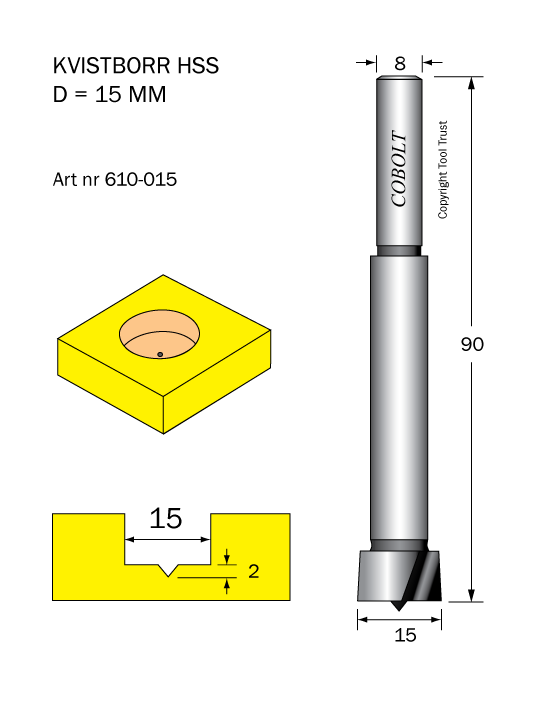 Kvistborr HSS D=15 TL=90 S=8 - 2