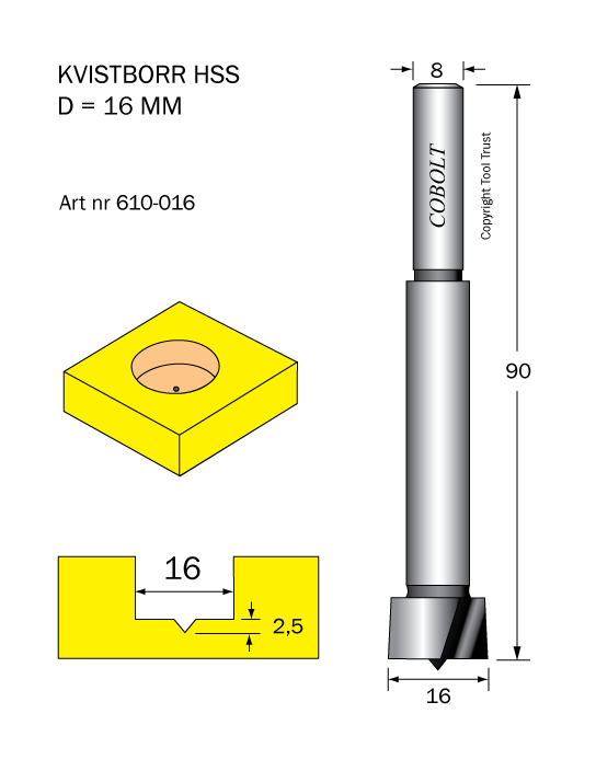 Kvistborr HSS D=16 TL=90 S=8 - 2