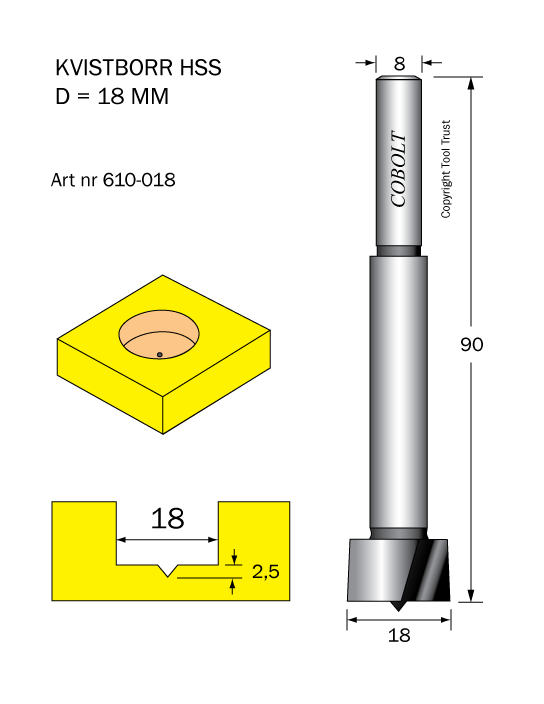 Kvistborr HSS D=18 TL=90 S=8 - 2