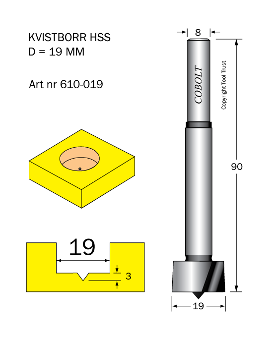 Kvistborr HSS D=19 TL=90 S=8 - 2