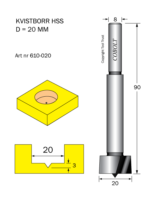 Kvistborr HSS D=20 TL=90 S=8 - 2