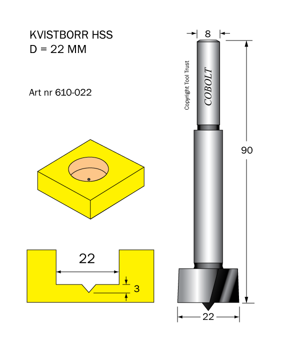 Kvistborr HSS D=22 TL=90 S=8 - 2