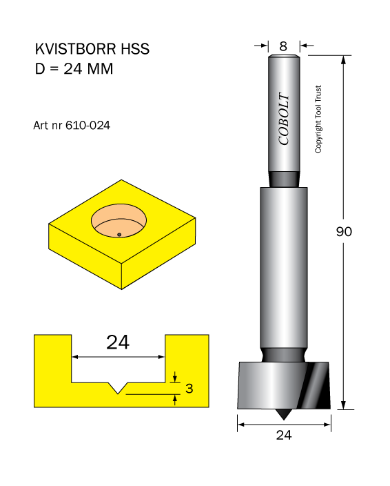 Kvistborr HSS D=24 TL=90 S=8 - 2