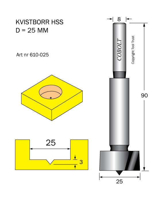 Kvistborr HSS D=25 TL=90 S=8 - 2