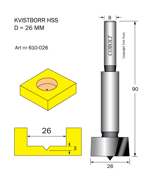 Kvistborr HSS D=26 TL=90 S=8 - 2
