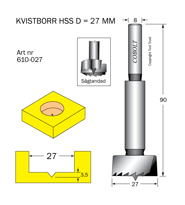 Kvistborr HSS D=27 TL=90 S=8 - 2