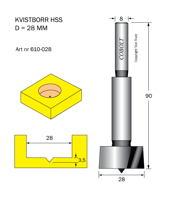 Kvistborr HSS D=28 TL=90 S=8 - 2