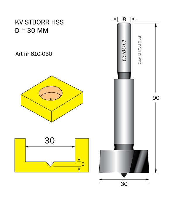 Kvistborr HSS D=30 TL=90 S=8 - 2