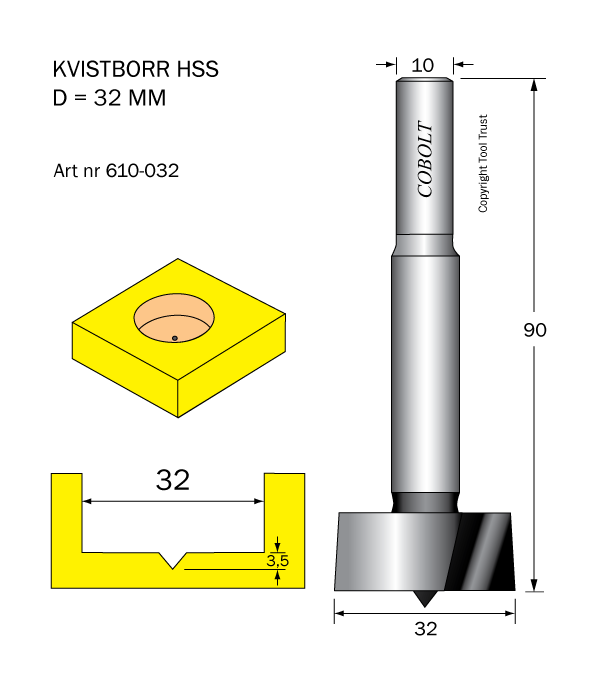 Kvistborr HSS D=32 TL=90 S=10 - 2