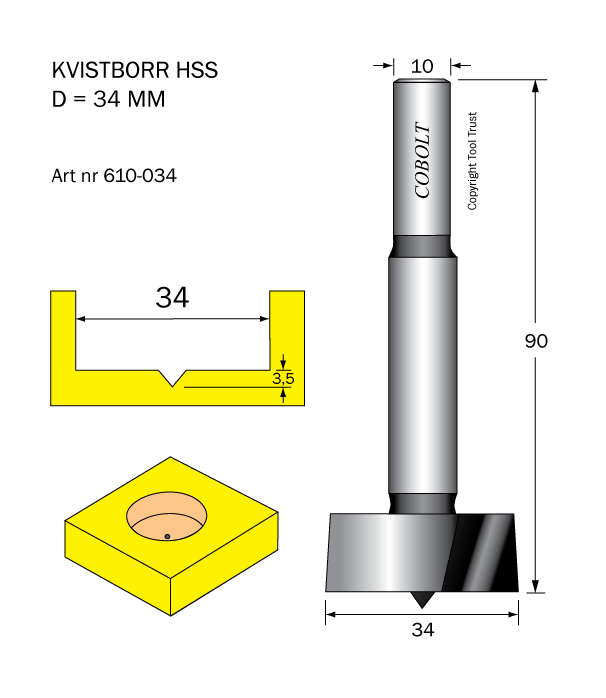 Kvistborr HSS D=34 TL=90 S=10 - 2