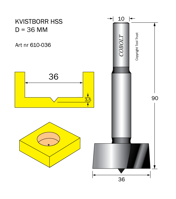 Kvistborr HSS D=36 TL=90 S=10 - 2