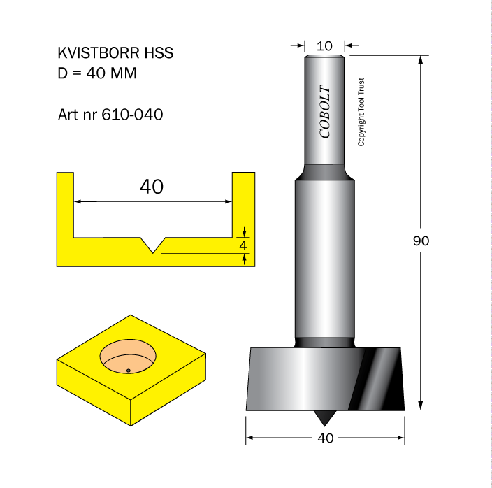 Kvistborr HSS D=40 TL=90 S=10 - 2