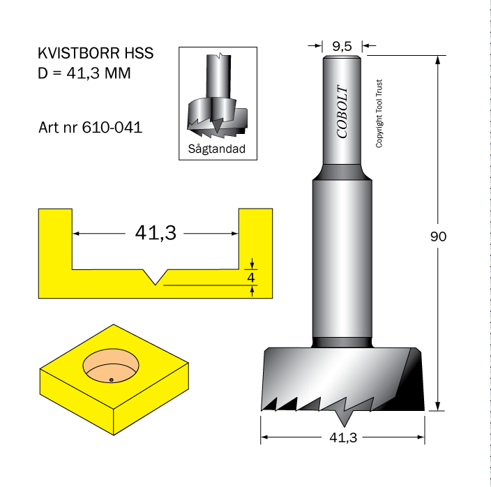 Kvistborr HSS D=41.3 TL=90 S=9.5 - 2