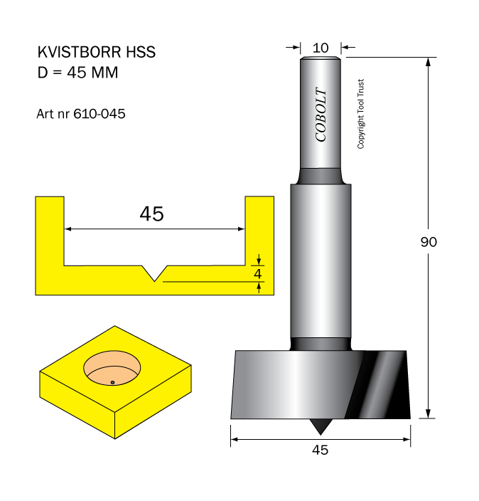 Kvistborr HSS D=45 TL=90 S=10 - 2