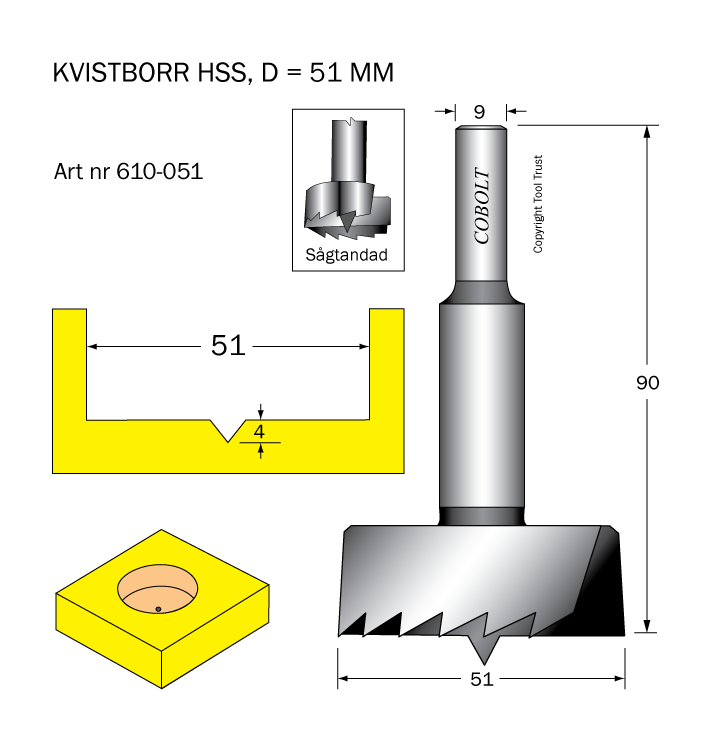 Kvistborr HSS D=51 TL=90 S=9 - 2