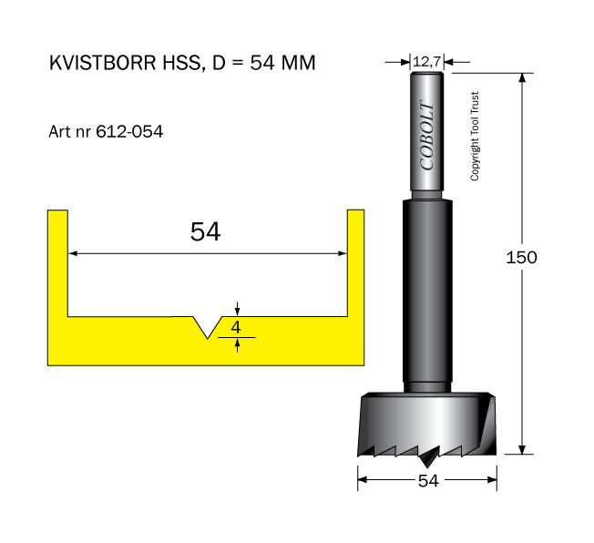 Kvistborr HSS D=54 TL=150 S=12.7 - 2