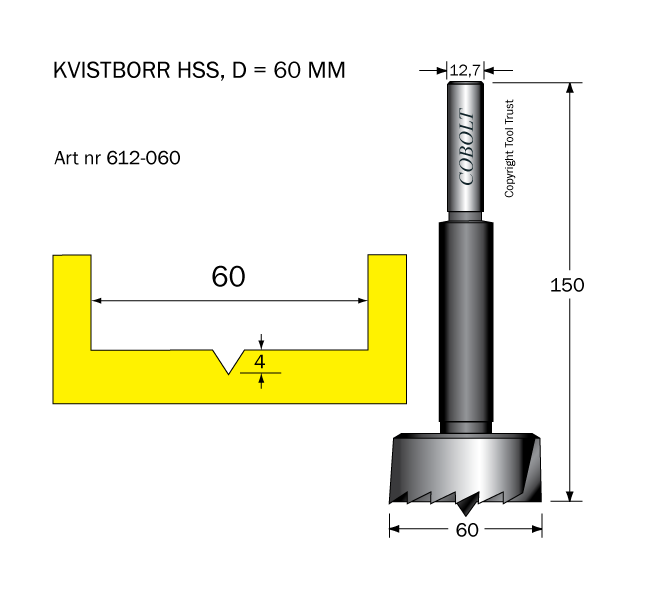 Kvistborr HSS D=60 TL=158 S=12.7 - 2