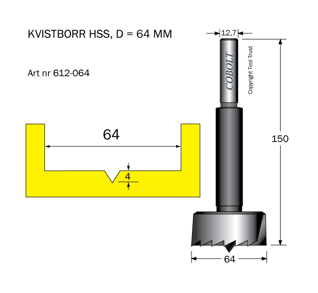 Kvistborr HSS D=64 TL=150 S=12.7 - 2