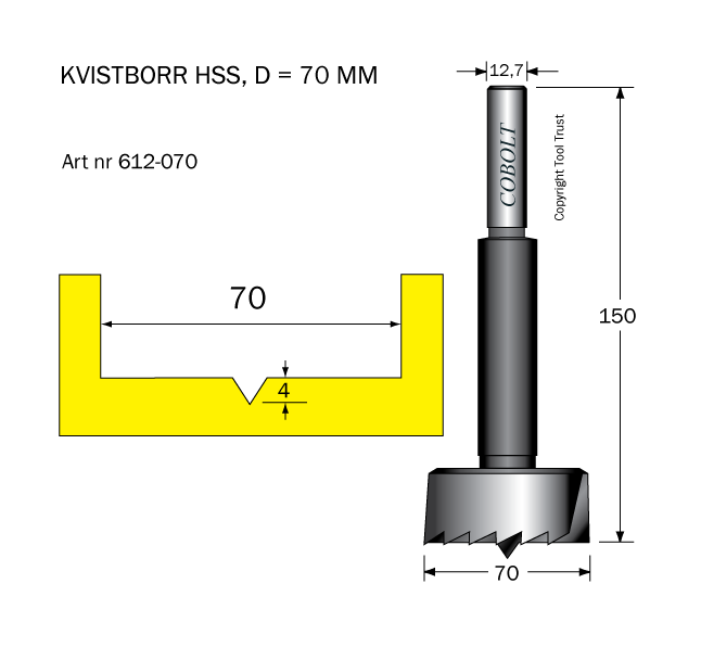 Kvistborr HSS D=70 TL=158 S=12.7 - 2