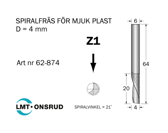 Spiralfräs D=4 L=20 TL=64 S=6 - 2