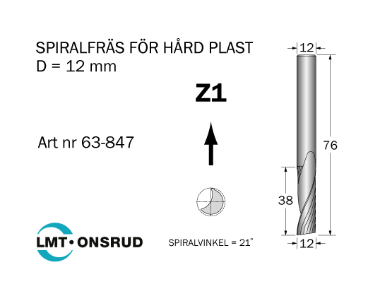 Spiralfräs D=12 L=38 TL=76 S=12 - 2