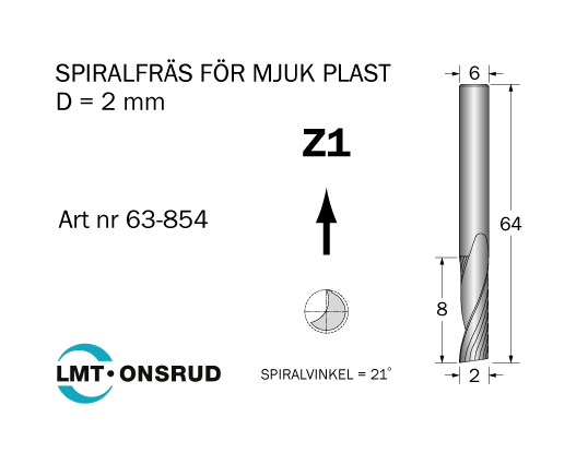 Spiralfräs D=2 L=8 TL=64 S=6 - 2