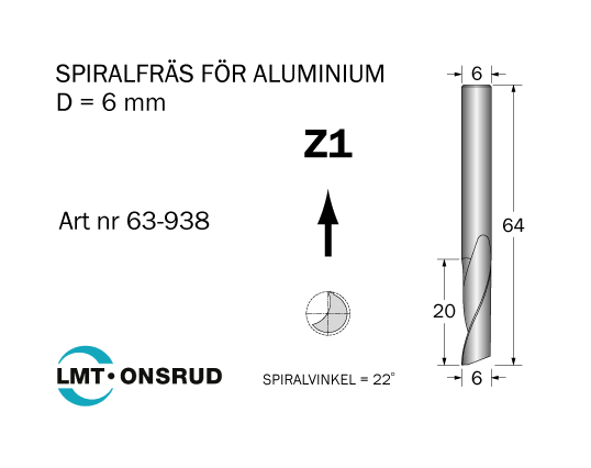 Spiralfräs D=6 L=20 TL=64 S=6 - 2